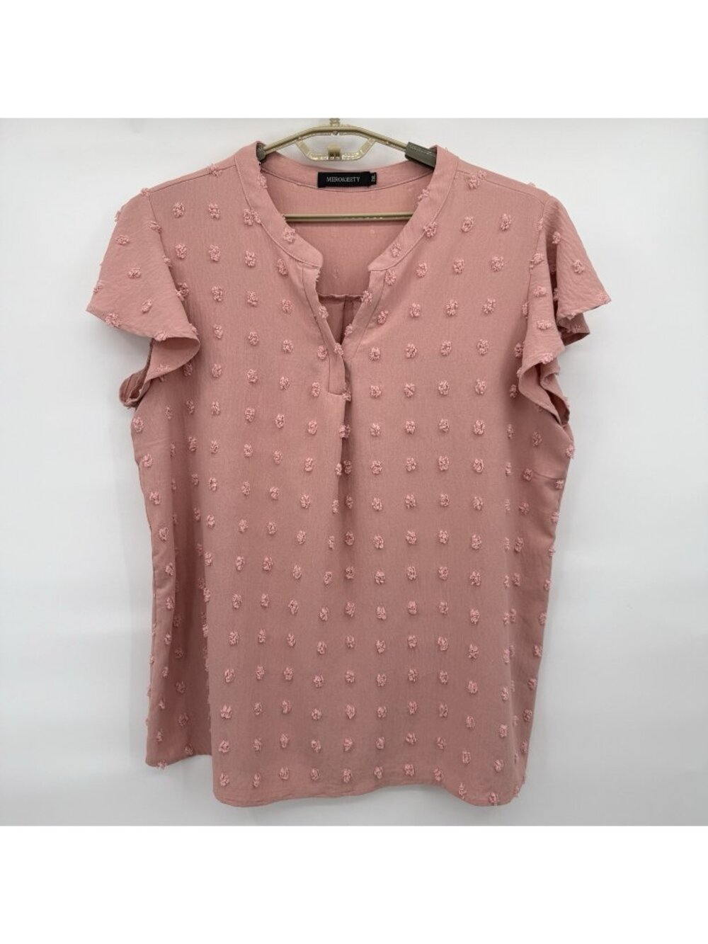 MEROKEETY Flutter Sleeve Blouse Size XXL Rose Pink Swiss Dot Poly/Spandex